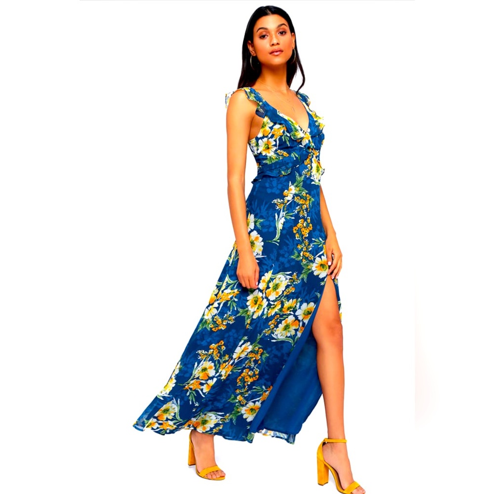Feeling Fleur-ty Navy Blue Floral Print Ruffled Maxi Dress
